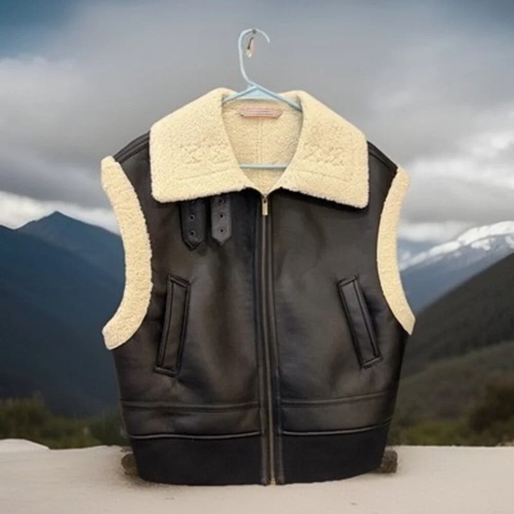 Vegan Leather Sherpa Aviator B3 Bomber Gamulan Vest M Grunge 23”chest/24”L